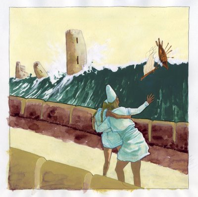 Ilustração do mito da ilha desaparecida sob o mar da Atlântida (Atlântida): vista do tsunami que inundou a cidade grega da lendária ilha. Desenho colorido de Alessandro Lonati. 作： アレッサンドロ・ロナティ