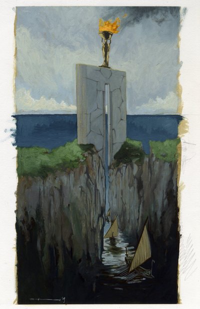 アトランティス海 (アトランティス) の下に消えた島の神話のイラスト: 消える前の伝説の島のギリシャの都市への玄関口. ボートは 2 つの崖の間を通過します。 アレッサンドロ・ロナティによるカラードローイング。 作： Alessandro Lonati