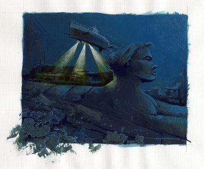 アトランティス海 (アトランティス) の下に消えた島の神話のイラスト: 潜水艦 (潜水艦) が海底を探索し、伝説の島の遺跡を発見します。 アレッサンドロ・ロナティによるカラードローイング。 作： アレッサンドロ・ロナティ