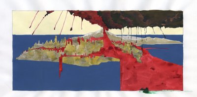 Kuva saaren myytistä katosi Atlantismeren alle: näkymä tulivuoren purkauksesta, joka aiheuttaa legendaarisen saaren katoamisen. Väripiirustus Alessandro Lonati. 作： アレッサンドロ・ロナティ