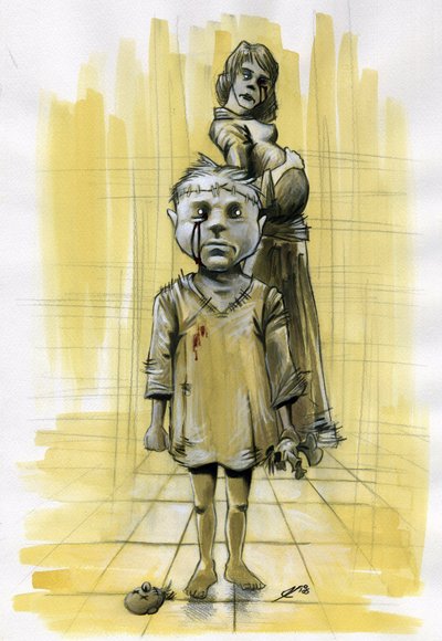 Illustration science fiction: zombies (spectrum) or ghost spirits, evoking the nightmare, shows a child with his skull sewn with a decapitee doll and in the background a pregnant mother. She looks like she had an accident too. Drawing by Alessandro Lonati  作： Alessandro Lonati