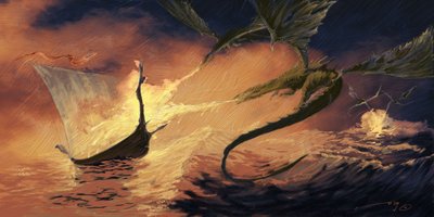 伝説の生き物: ドラッカー (バイキング ボート) を攻撃するドラゴンの絵、アレッサンドロ ロナティ 作： Alessandro Lonati