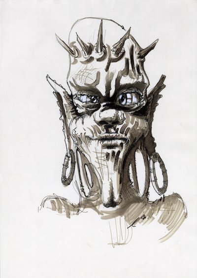 ファンタジー イラストの伝説的なモンスター: 部族の生き物やトロールの顔。 アレッサンドロ・ロナティの絵 作： Alessandro Lonati