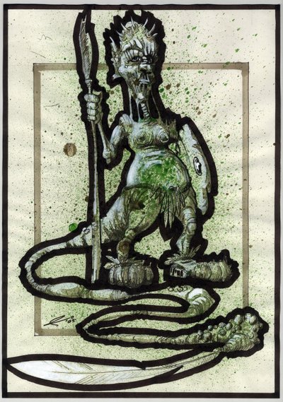 Monstro lendário para ilustração de fantasia: rosto de uma criatura tribal ou guerreiro com lança, escudo e cauda de penas. Desenho de Alessandro Lonati 作： Alessandro Lonati