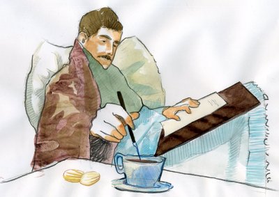 病人としてマルセル・プルーストが叔母のエリザベートのお茶で書いている (紙にインク) 作： Alessandro Lonati