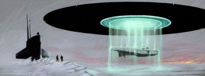 Encontro no pólo Norte entre um submarino U-boot e um disco voador (OVNI, OVNI ou alienígena) para a restituição de um submarino tomado por alienígenas durante a guerra. Desenho de Alessandro Lonati 作： Alessandro Lonati