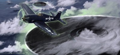 怪奇現象：1940年代のバミューダトライアングルでの米海軍機の失踪を描く。 伝説によると、ここに描かれている UFO (UFO またはエイリアン) の仕業であるとされています。 アレッサンドロ・ロナティの絵 作： Alessandro Lonati