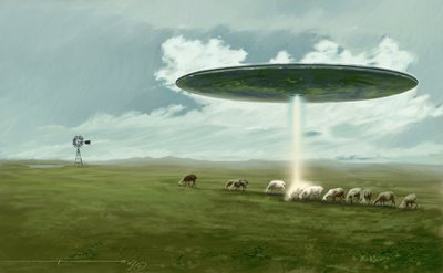 神秘的な現象: 空飛ぶ円盤 (エイリアンまたは UFO または UFO) が羊を取り除く (拉致)。 アレッサンドロ・ロナティの絵 作： Alessandro Lonati