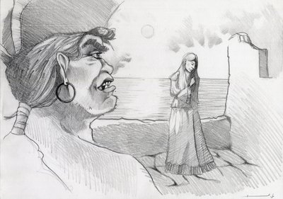要塞で女性を脅かすカリブ海の海賊 (私掠船)。 アレッサンドロ・ロナティの絵。 作： Alessandro Lonati