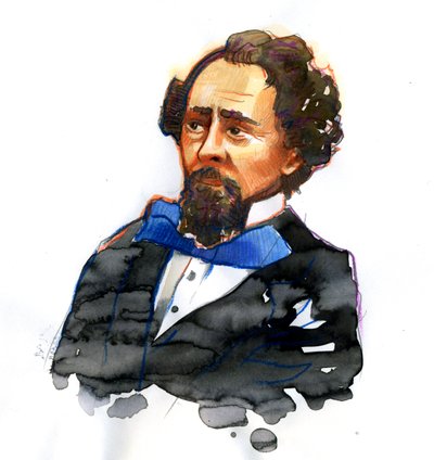 チャールズ・ディケンズの肖像 (1812-1870) イギリスの作家 (イギリスの作家で社会評論家のチャールズ・ディケンズの肖像) 作： Alessandro Lonati