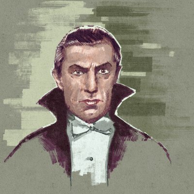 ドラキュラ伯爵としてのハンガリーの俳優ベラ・ルゴシの肖像（イラスト） 作： Alessandro Lonati