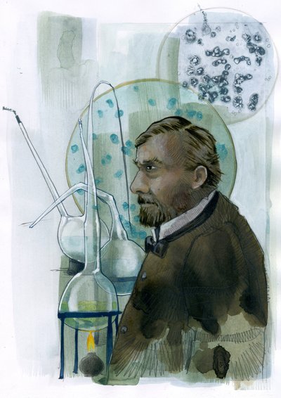 ルイ・パスツール (1822-1895) 科学者フランセの肖像 (ワクチン接種、微生物発酵、低温殺菌の原理の発見で有名なルイ・パスツールフランスの化学者および微生物学者の肖像) イラストレーション: アレッサンドロ・ロナ 作： Alessandro Lonati