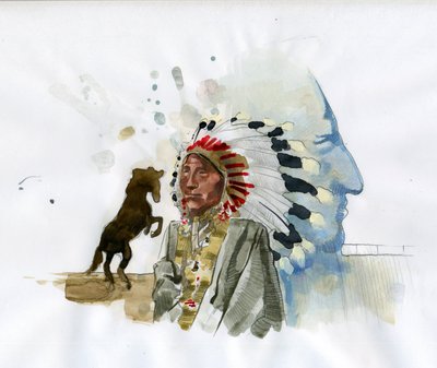 オグララ・ラコタ・クレイジー・ホース（1840-1877）のネイティブ・アメリカンの戦争指導者の肖像（タシュンカ・ウィトコ） イラスト：アレッサンドロ・ロナティ 作： Alessandro Lonati
