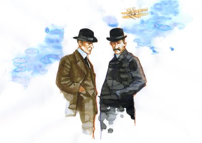 オービル (1871-1948) とウィルバー ライト (1867-1912) の肖像 アメリカの航空の先駆者 (ライト兄弟、オービルとウィルバーのアメリカ人の兄弟、発明家、航空のパイオニア) 作： Alessandro Lonati