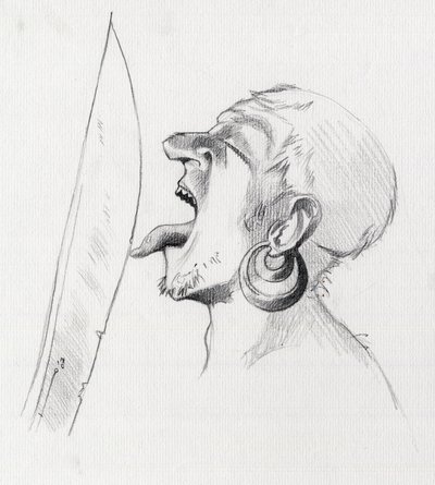 Portrait of a pirate (privateer) defying the sword by touching it with the tongue. Drawing by Alessandro Lonati.   1459011   ja       japanese Successfully Translated  Original: Wisteria, c.1908 (colour woodblock print) Translat: Wisteria, c.1908 (colour w 作： Alessandro Lonati