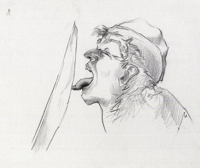 舌で触れて剣に逆らう海賊（私掠船）の肖像画。 アレッサンドロ・ロナティの絵。 作： Alessandro Lonati