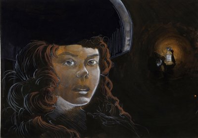 Retrato de uma mulher pirata (corsário) ou marinheiro no meio da noite, iluminado pela lanterna de outro pirata. Desenho colorido de Alessandro Lonati. 作： Alessandro Lonati