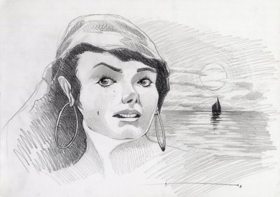 Retrato de uma mulher pirata do Caribe (ou corsário), com o pôr do sol no horizonte. Desenho de Alessandro Lonati. 作： Alessandro Lonati
