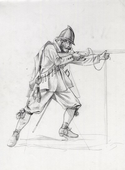 17 世紀の船兵が発砲位置にいる肖像画。 アレッサンドロ・ロナティの絵。 作： Alessandro Lonati