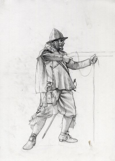 17 世紀の船兵が発砲位置にいる肖像画。 アレッサンドロ・ロナティの絵。 作： Alessandro Lonati