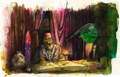 フランスの錬金術師ニコラ・フラメル (1330-1418) の肖像画。 2012年 作： Alessandro Lonati