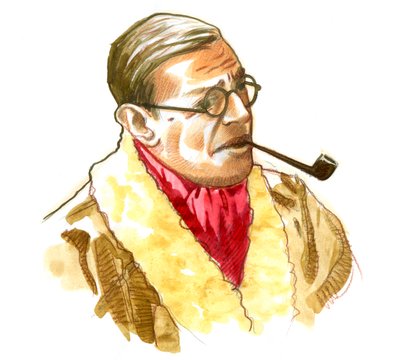 フランスの作家、哲学者、劇作家ジャン・ポールの肖像 (ジャン・ポール) サルトル・ドローイング 作： Alessandro Lonati