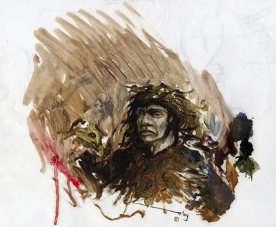 先史時代: 中期旧石器時代のネアンデルタール人またはネアンデルタール人。 アレッサンドロ・ロナティの絵 作： Alessandro Lonati