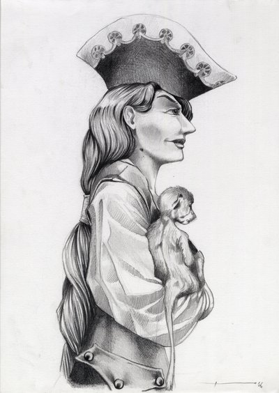Retrato de perfil de uma mulher pirata do Caribe (corsário), com um macaquinho nos braços. Desenho de Alessandro Lonati. 作： アレッサンドロ・ロナティ