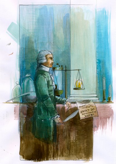 Antoine Lavoisier (1743-1794) フランスの化学者、哲学者、経済学者の代表 (フランスの貴族で化学者の Antoine Lavoisier の肖像画) イラスト: Alessandro Lonati 作： Alessandro Lonati