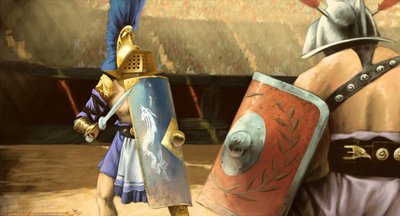 Arte romana: duelo de gladiadores entre um gladiador mirmillo (esquerda) e um trácio em um anfiteatro. Desenho de Alessandro Lonati 作： Alessandro Lonati