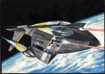 空想科学小説のイラスト: 宇宙や宇宙を征服する宇宙船は、惑星地球にレーザー光線を引き寄せます。 アレッサンドロ・ロナティの絵 作： Alessandro Lonati