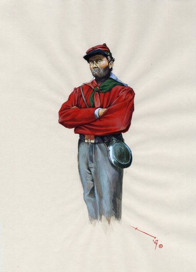 第二帝国 (1852-1870): イタリア統一 (リソルジメント)、イタリアのジュゼッペ・ガリバルディ (1807-1882) のために「赤シャツ」戦闘機として知られるガリバルディア軍の志願将校 作： Alessandro Lonati