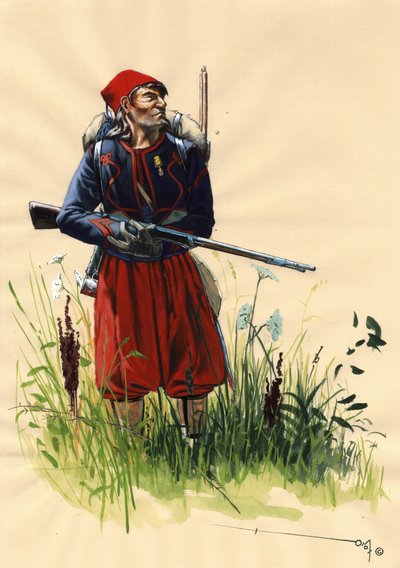 Segundo Império (1852-1870): soldado Zouave do exército francês de Napoleão III durante a campanha italiana em 1859 (Batalha de Solferino em 24 de junho de 1859 ou Batalha de Magenta em 4 de junho de 1859). Desenho de Alessandro Lonati 作： Alessandro Lonati