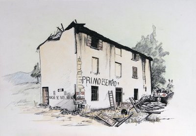 第二次世界大戦: 占領下のイタリアの廃墟の家の眺め。 アレッサンドロ・ロナティの絵 作： アレッサンドロ・ロナティ