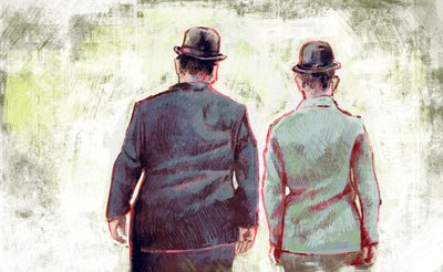 地平線に向かって行進するスタン・ローレルとオリバー・ハーディ (イラスト) 作： Alessandro Lonati