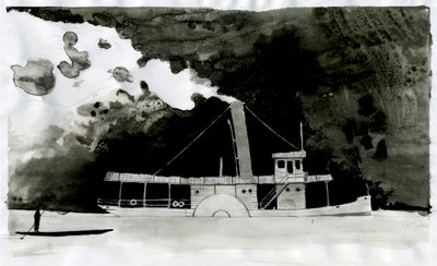 ジョセフ・コンラッドによる新作「In the Heart of Darkness」の蒸気船イラスト。 2012年 作： Alessandro Lonati