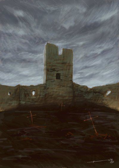Túmulos de um cemitério abandonado entre as ruínas. Desenho de Alessandro Lonati 作： Alessandro Lonati