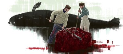 二頭のクジラ、クジラを切る 作： アレッサンドロ・ロナティ