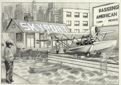 アメリカ、ニューヨーク: 1950 年代に装飾を待っている水上飛行機と海空港のビュー. アレッサンドロ・ロナティの絵 作： アレッサンドロ・ロナティ