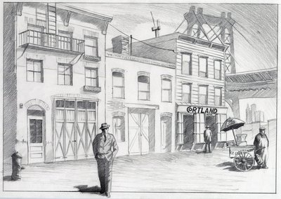 Estados Unidos, Nova York: vista de uma rua de um bairro da cidade na década de 1950. Desenho de Alessandro Lonati 作： Alessandro Lonati