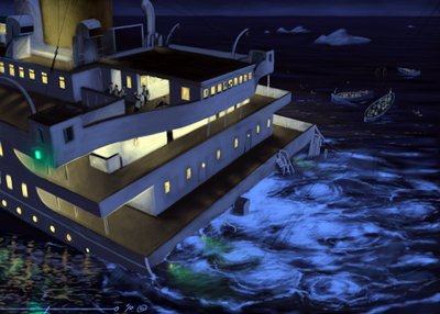View of the transatlantic liner Titanic at the time of the sinking on 14 and 15 April 1912. Illustration by Alesandro Lonati. 2010   1458932   ja       japanese Successfully Translated  Original: Sport. Bullfighting. The Matador thrusting the sword: the es 作： Alessandro Lonati