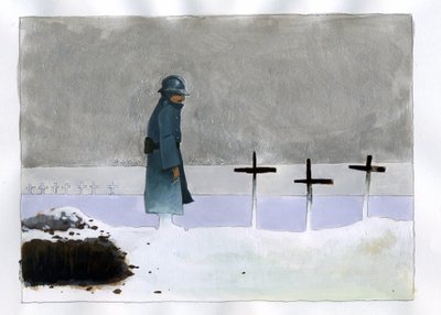 第一次世界大戦: 戦没者墓地で十字架を見ているフランス兵 作： アレッサンドロ・ロナティ