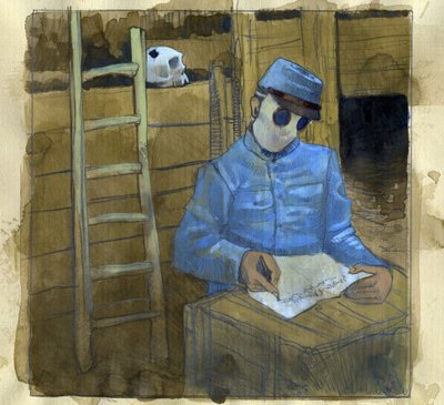 第一次世界大戦: フランスの兵士が塹壕で手紙を書き、防毒マスクを着用 作： Alessandro Lonati