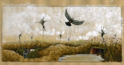 第一次世界大戦: メッセージを運ぶリョコウバト 1914-1918 年 (第一次世界大戦: メッセージを運ぶ伝書鳩を撃つドイツ兵 作： Alessandro Lonati