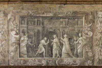 演劇作品を再現したモノクロのフレスコ画（フレスコ画） 作： Alessandro Maganza