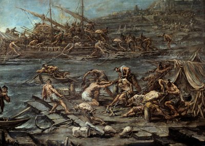 ゲネス港でのガレリア人の乗船詳細。アレッサンドロ・マニャスコ（1667-1749）による絵画。ディム。1.16 x 1.42.ボルドー、美術博物館 作： Alessandro Magnasco