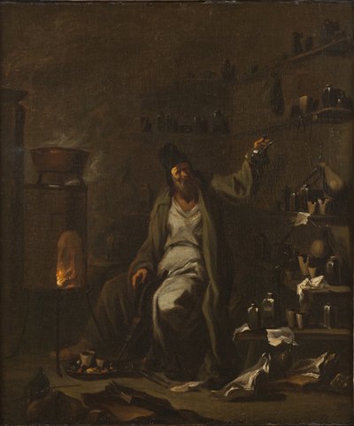 Un alchimiste - ある錬金術師』マグナスコ、アレッサンドロ、ディット・イル・リッサンドリーノ（1667-1749）著。油彩・キャンバス寸法 : 71,5x59,5 cm.ストックホルム国立博物館 作： Alessandro Magnasco