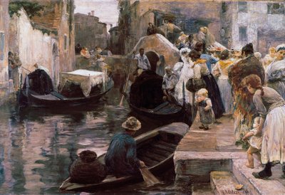 ""Wedding in Venice"" ゴンドラに乗る新婚夫婦。 アレッサンドロ・ミレシ (1856-1945) 1897 ローマの絵画。 国立近代美術館 作： Alessandro Milesi