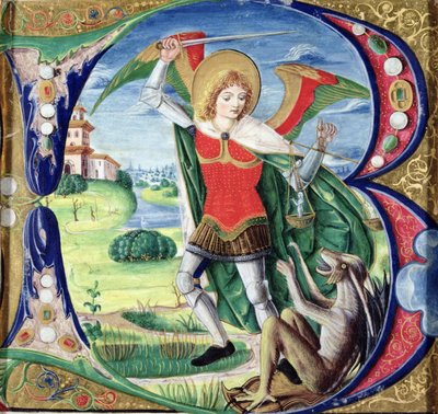 聖ミカエルとドラゴンを描いた歴史的な最初の「B」、1499年から1511年 作： Alessandro Pampurino