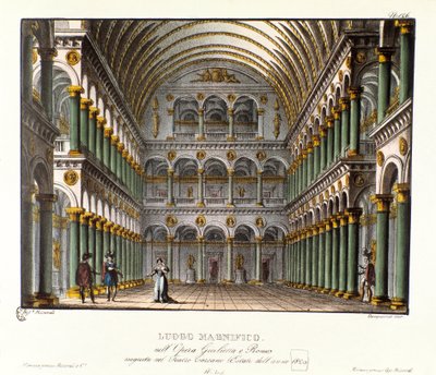 1829年にカルカノ劇場で上演された、ウィリアム・シェイクスピアの「ロミオとジュリエット」を題材にしたニッコロ・アントニオ・ジンガレッリ作のオペラ「ジュリエットとロミオ」（1796年）の舞台背景です。石 作： Alessandro Sanquirico